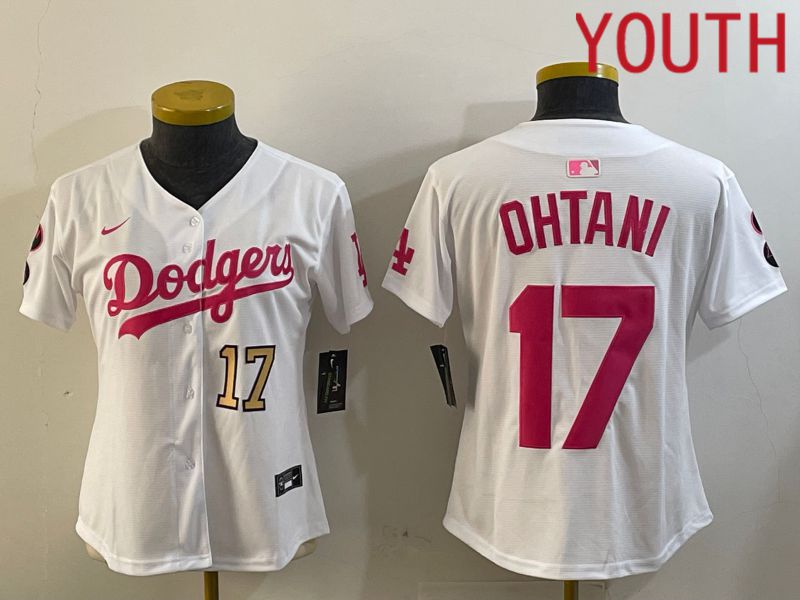 Youth Los Angeles Dodgers 17 Ohtani White pink Game 2024 Nike MLB Jersey style 2